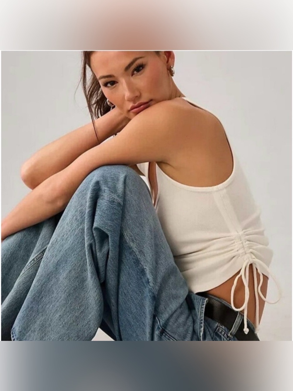 ANTHROPOLOGIE PILCRO Square Neck Ribbed Ruched Tank Top White Size Medium